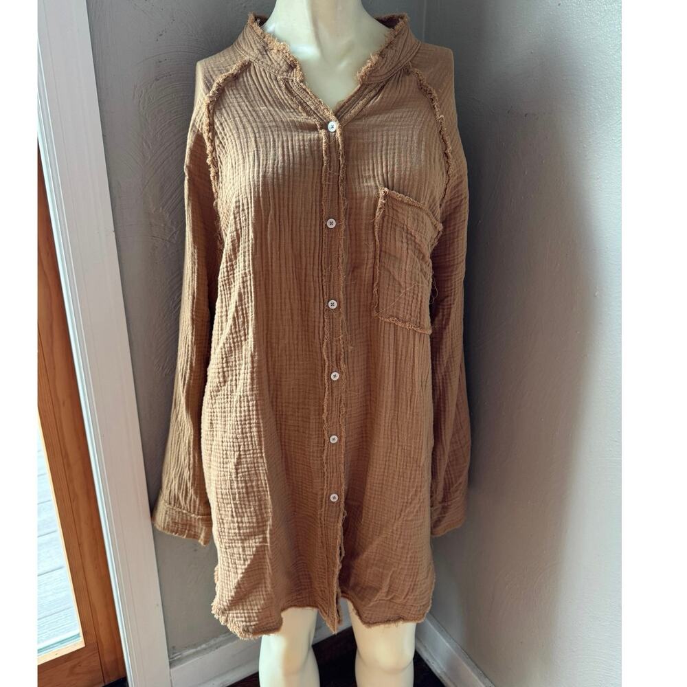 Aerie Gauzy Coverup / Pool-to-Party Shirt camel tan, size med